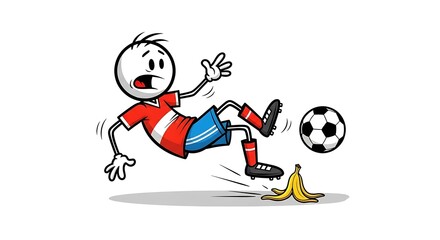 Fototapeta premium A comical illustration of a soccer player slipping on a banana peel