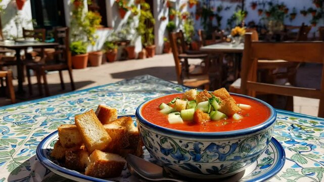 Refreshing cold gazpacho soup with croutons in a decorative bowl at an outdoor cafe setting.
