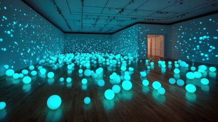 Illuminated spheres fill a modern gallery space