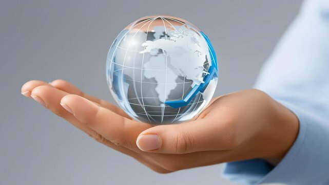Green Sustainable Technology Innovation concept, Holding a globe with an upward trend arrow symbolizing growth.