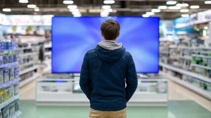 Man in electronics store shopping for technology, examining large television screen display in modern retail environment, surrounded by shelves, making decisions on electronics products