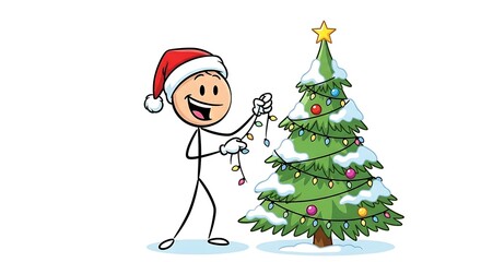 A happy figure decorating a Christmas tree with lights