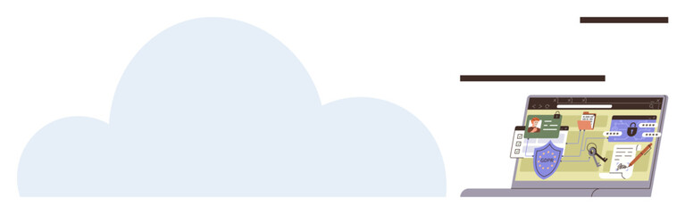 Laptop displaying digital files, security shield, and cloud elements representing online protection. Ideal for cybersecurity, technology, data storage, online privacy, cloud solutions, IT services