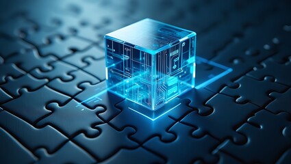 Futuristic Circuitry Cube on Interlocking Puzzle Pieces, Innovation Concept, Emerging Technologies and Integrated Solutions in a Connected Digital World