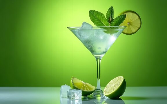 A refreshing martini cocktail is garnished with vibrant green mint leaves and a slice of lime with ice cubes against a bright lime green studio backdrop.