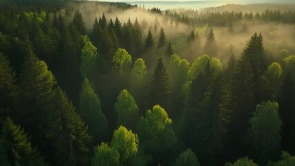 Aerial view of green forest with tall pine and deciduous trees, golden hour, natural mist, landscape ideal for nature videos, travel content, or environmental documentaries