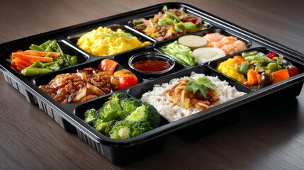 Delicious bento box featuring a variety of colorful dishes ready for a satisfying meal