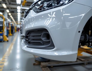 Automotive Assembly Line: Close-up of a modern car front bumper, meticulously assembled on an industrial production line. The focus is on the gleaming white finish.