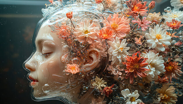 Visual metaphor of a transparent human head, with ferrofluid swirling around multi-colored chrysanthemums inside