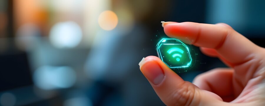 Tech in Hand: A close-up showcases a human holding a glowing digital emblem, representing the interconnected world of technology and data access, with an abstract office background.