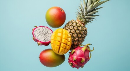Colorful mix of tropical fruits (pineapple, mango, dragon fruit) floating on a solid light blue background