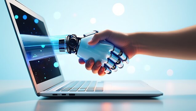 AI-Human Handshake Emerging from Laptop Screen, Symbolizing Technological Collaboration, The bond between technology and humanity: A handshake between a robotic hand and a human hand