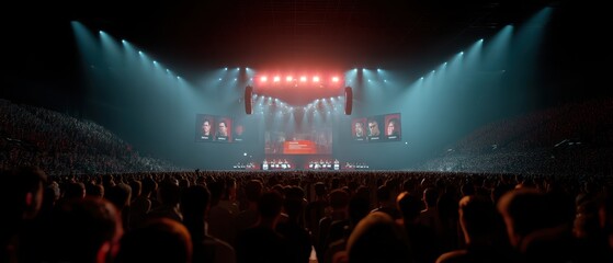Exciting esports tournament in a packed arena with enthusiastic crowd