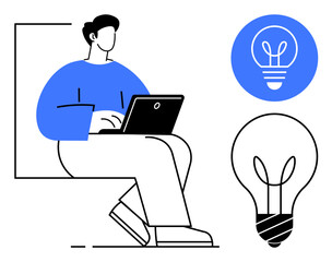 Man sitting with laptop, surrounded by lightbulb icons symbolizing creativity and innovation. Ideal for brainstorming, remote work, productivity, design thinking, education, inspiration, simple