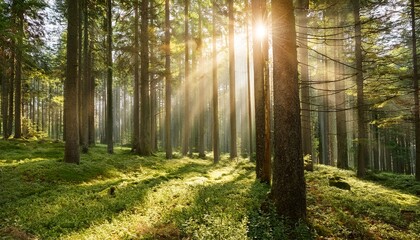 Obraz premium cinematic forest scene n sun rays shining through tall trees