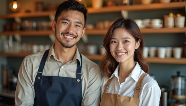 Two smiling restaurant staff, man, woman, wearing aprons greet visitors warmly. Offer excellent customer service in small business, confidently welcoming guests with happy, pro expressions, ready