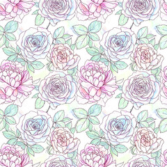 Watercolor Floral Arrangement Roses and Peonies Seamless Repeat