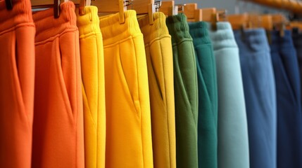 Colorful range of sweatpants displayed in a clothing store showcasing vibrant shades from orange to blue