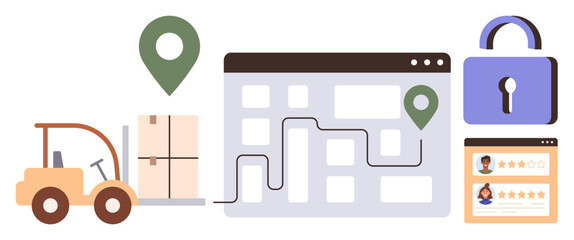 Forklift moving goods, location markers on a map, customer feedback ratings, lock icon emphasizing security. Ideal for logistics, shipping, delivery tracking, security, business management customer
