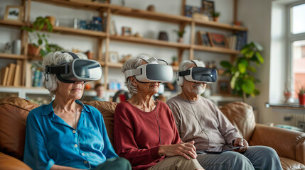 Three joyful senior people, two women and one man, are comfortably seated on a living room couch, each wearing a virtual reality headset, immersed in a shared digital experience