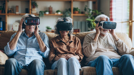 Three elderly people wearing virtual reality headsets experiencing immersive digital technology in comfortable modern living room setting