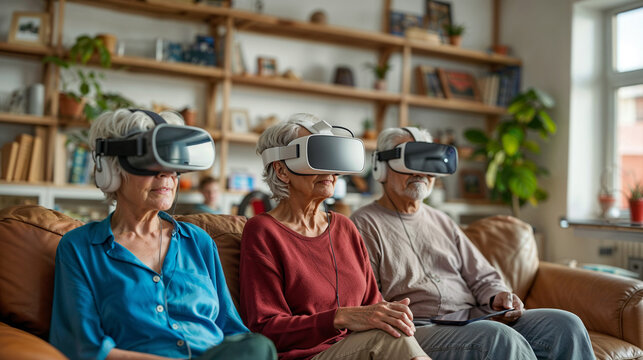 Three joyful senior people, two women and one man, are comfortably seated on a living room couch, each wearing a virtual reality headset, immersed in a shared digital experience - Powered by Adobe