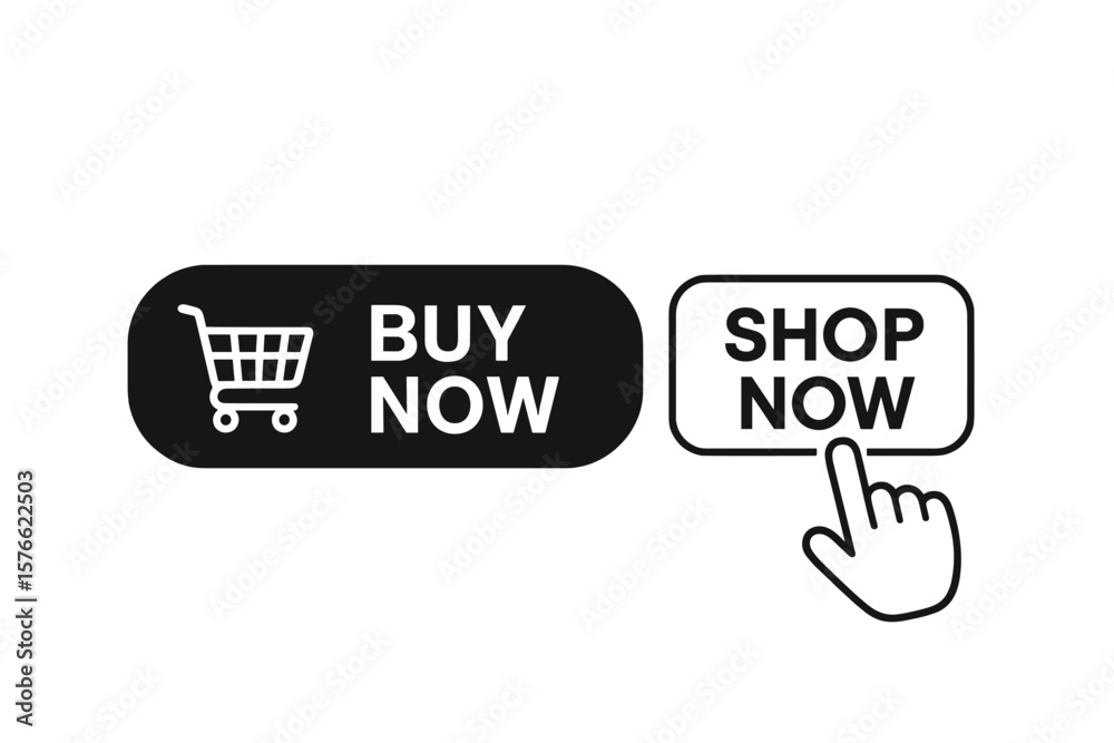 Poster buy now and shop now buttons with shopping cart icon and hand pointer clicking cursor. call to actio