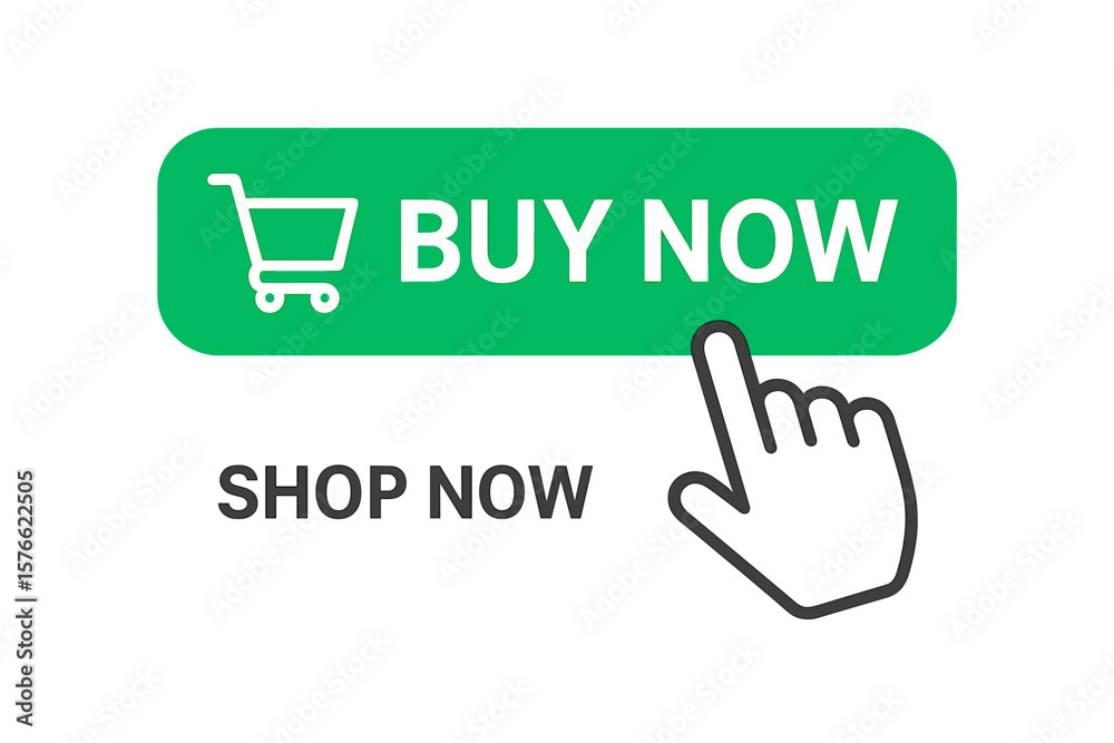 Poster buy now button with shopping cart icon and hand pointer cursor clicking. shop now call to action for