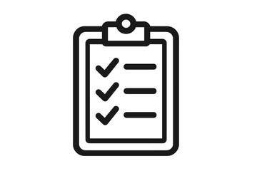 Minimalist Checklist Icon on Clipboard. Black Line Art. Task List Symbol. To-Do List, Survey, Marked Items, Organization, Productivity, Planning, Business, Office, Transparent Vector Illustration