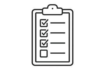 Minimalist Clipboard Checklist Icon with Checkboxes, Survey Form, Task List, To-Do Planner, Outline Vector, Transparent Background, Black Line Art, Office Organization Concept