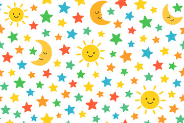 Seamless Colorful Baby Pattern with Smiling Sun, Crescent Moon, and Multicolored Stars on White Background, Cute Sky Elements, Kids Nursery Wallpaper, Vector Illustration, Transparent PNG