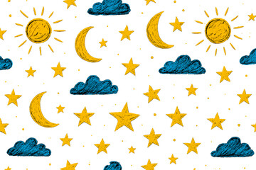 Hand Drawn Night Sky Seamless Pattern with Sun, Moon, Stars, and Clouds for Kids, Whimsical Celestial Doodle, Repeating Vector and Transparent PNG Illustration