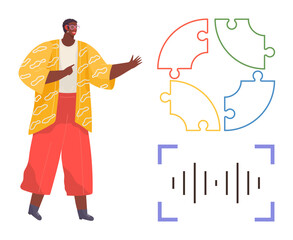 Person gesturing toward colorful puzzle pieces and audio waveform, representing collaboration, innovation, communication, teamwork, creativity, analysis, strategy. Ideal for education brainstorming