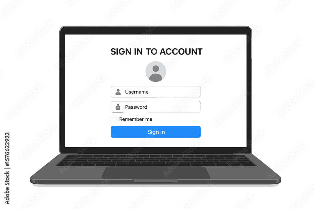 Fototapete Laptop with account login and password form page on screen. Sign in to account. User authentication interface on computer display. Cybersecurity and private access concept.