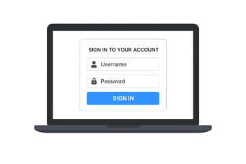Laptop with user login form page on screen. Account authentication with username and password. Sign in to website or app. Cybersecurity, data protection, privacy concept vector.