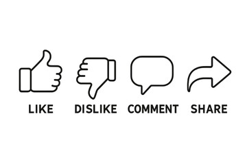 Social Media Reaction Icons Set. Like, Dislike, Comment, Share Buttons. Outline Vector Illustration for Video, Blog, Website, App, UI. Minimalist Social Interaction Symbols