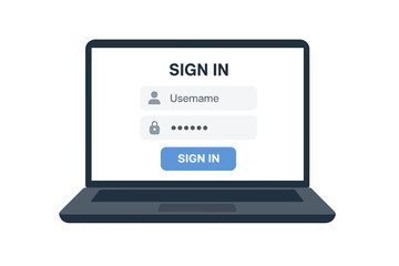 Login form on laptop screen. Sign in to account. User authentication page with username and password fields. Web interface for authorization. Online security and data privacy vector.