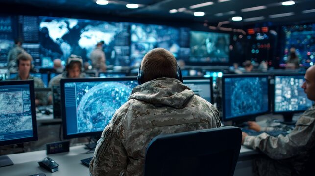 Military personnel operate a high-tech command center during a tactical operation at night