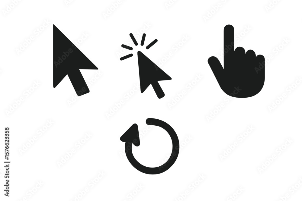 Aufkleber Computer Mouse Cursor Icons Set. Click Pointer, Hand Click, Refresh Arrow. Black Silhouette Vector Illustration. User Interface Symbol. Web Navigation, Internet, UI UX Design Elements