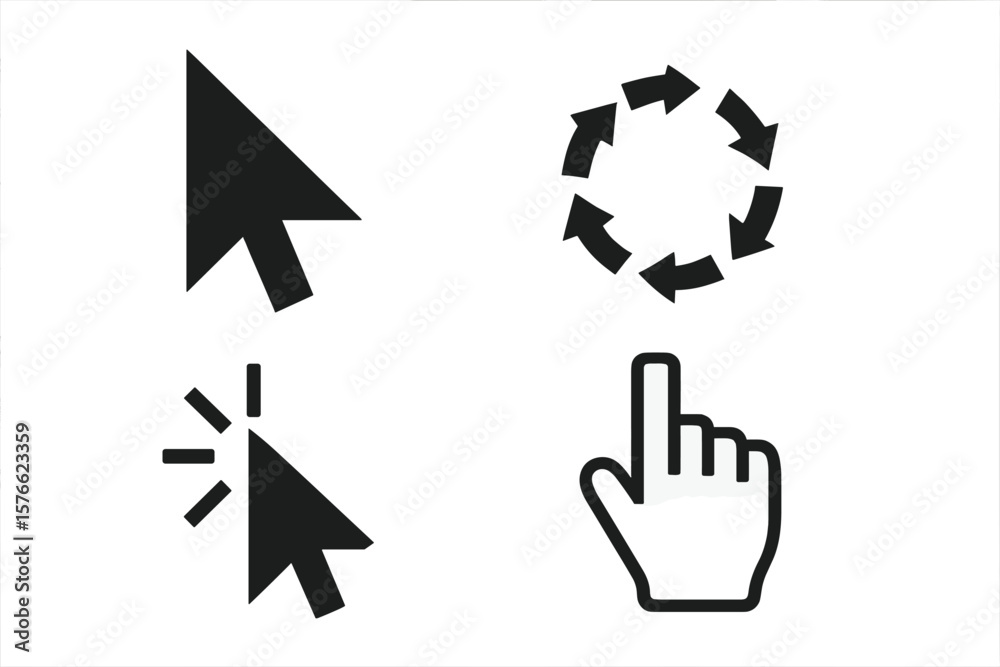 Aufkleber Computer Mouse Cursor Icons Set. Click Pointer, Hand Cursor, Loading Arrow, Click Symbol. User Interface Elements. Web Navigation, Internet, Technology Concept. Isolated Vector Illustration