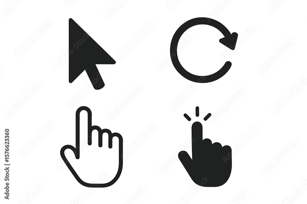 Poster no smoking sign vector icon set. black cursor pointer, hand click, refresh arrow. modern flat design