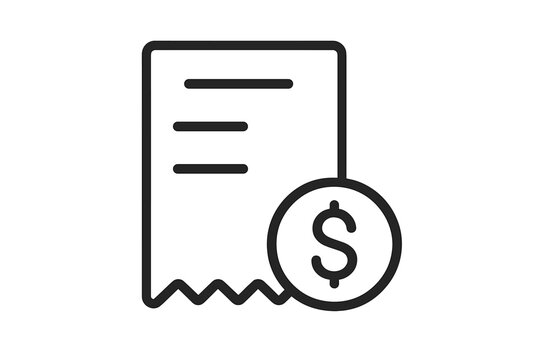 Minimalist Invoice and Payment Receipt Icon. Simple Bill Document with Dollar Symbol. Black Line Art. Financial Transaction, Billing, Accounting, Online Payment, Transparent Vector Illustration