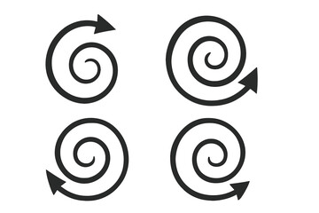 Spiral Arrow Icon Set. Black Swirl Arrow Symbols. Circular Spiral Arrows Collection. Vector Illustration. Direction, Rotation, Cycle, Process, Loop, Motion, Navigation, Isolated on White