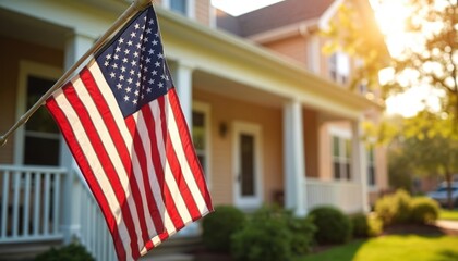 American flag proudly waves on gray flagpole, surrounded by suburban home with beige exterior, white porch, and tree. Warm sunlight highlights the scene, creating a sense of patriotism and community.