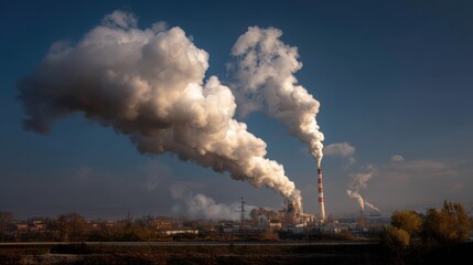 Industrial smokestacks emitting smoke against clear sky