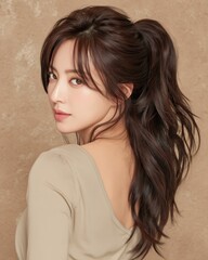 Attractive young woman with dark hair looks back over her shoulder smiling gently