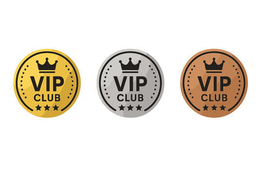 VIP Club Membership Badge Set. Gold, Silver, Bronze Round Labels with Crown and Stars. Premium Loyalty Program Icons. Exclusive Access, Elite Status, Modern Vector Design