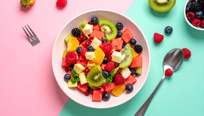Colorful Flat Lay of Fresh Fruit Salad with Watermelon, Kiwi, and Berries