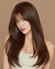 Radiant woman showcasing long brunette hair and fringe against a neutral background