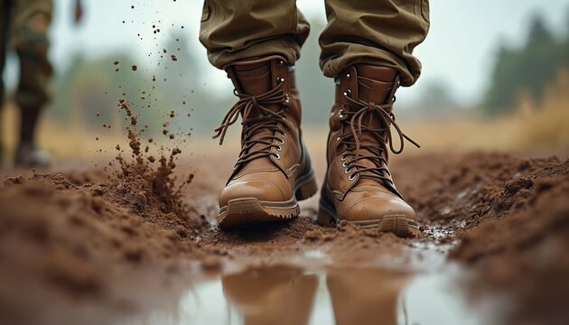 Brown military boots stomp through muddy terrain, kicking up dirt and water splashes. This rugged footwear signifies tough outdoor adventures, military training, and demanding physical exercise.